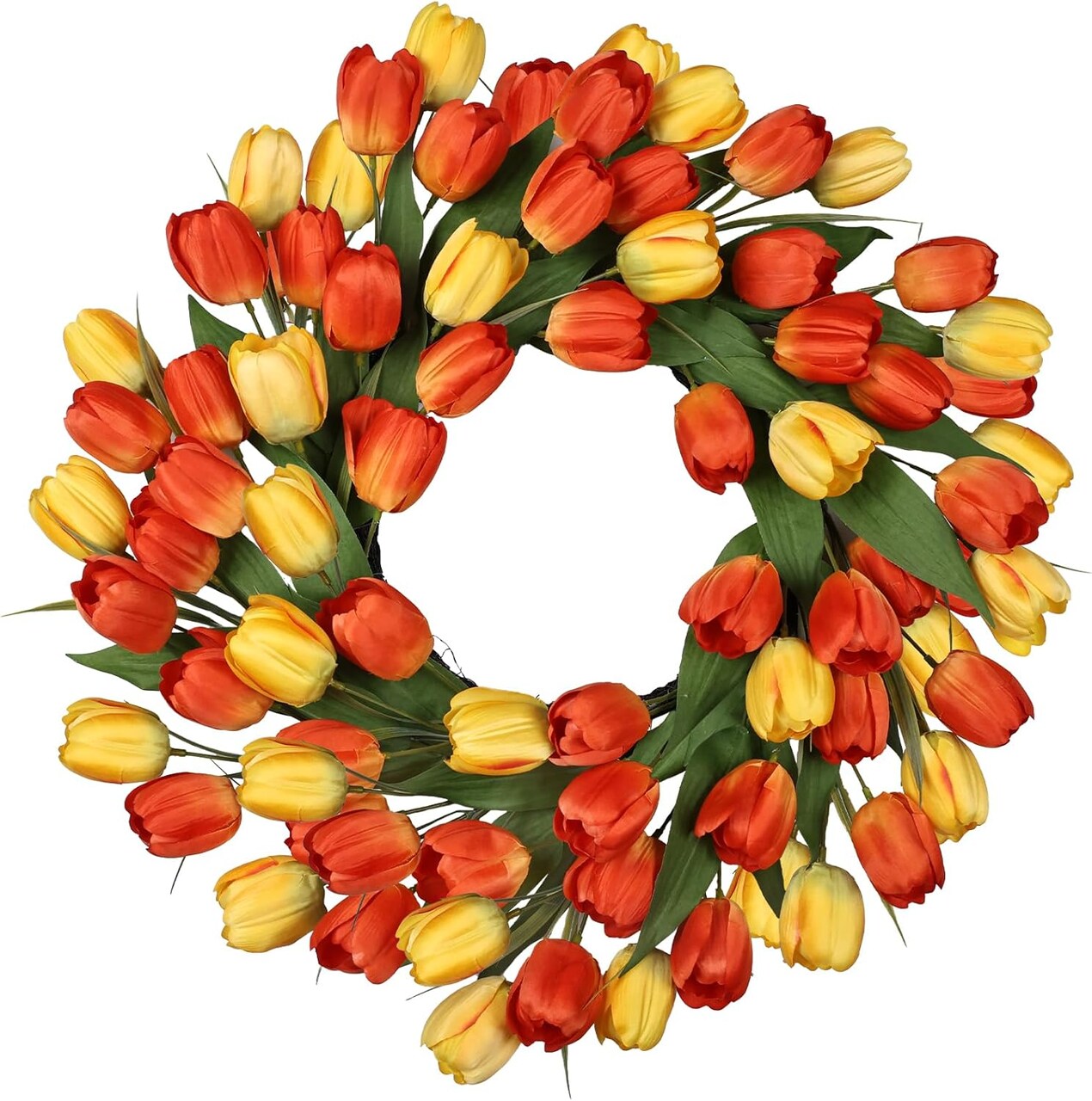 24” Tulip Spring Wreath for Front Door – Orange Silk Flowers with Green Leaves, All-Season Farmhouse Wreath for Porch, Wall, Living Room, Wedding & Home Decor